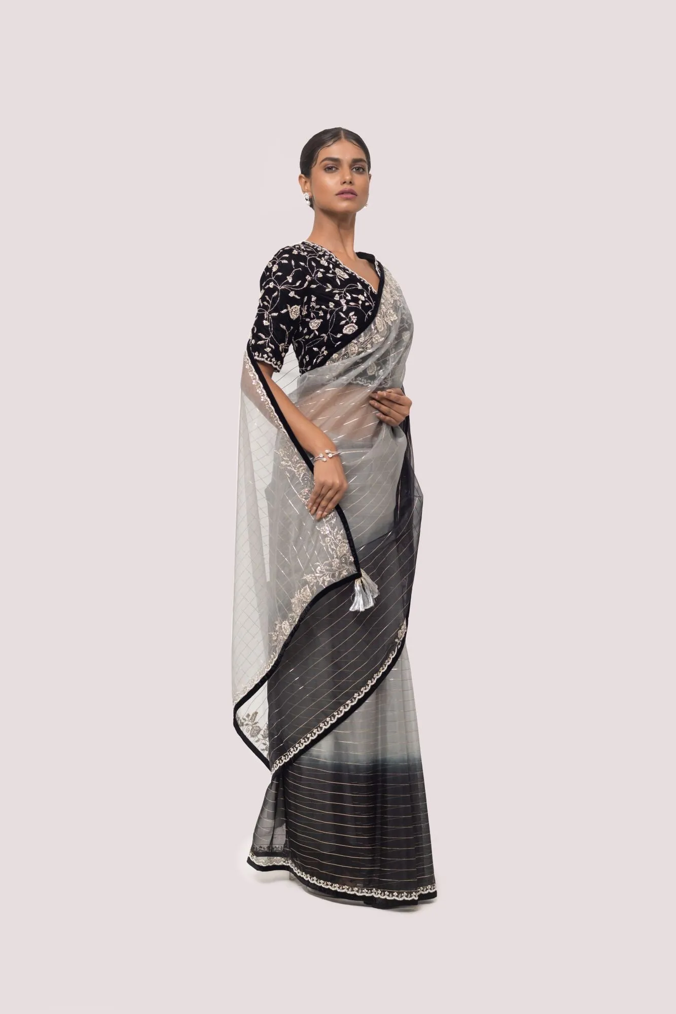 90Z974-RO Black & Grey Saree Set With Embroidered Blouse