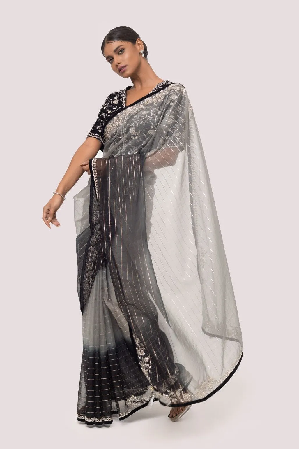 90Z974-RO Black & Grey Saree Set With Embroidered Blouse