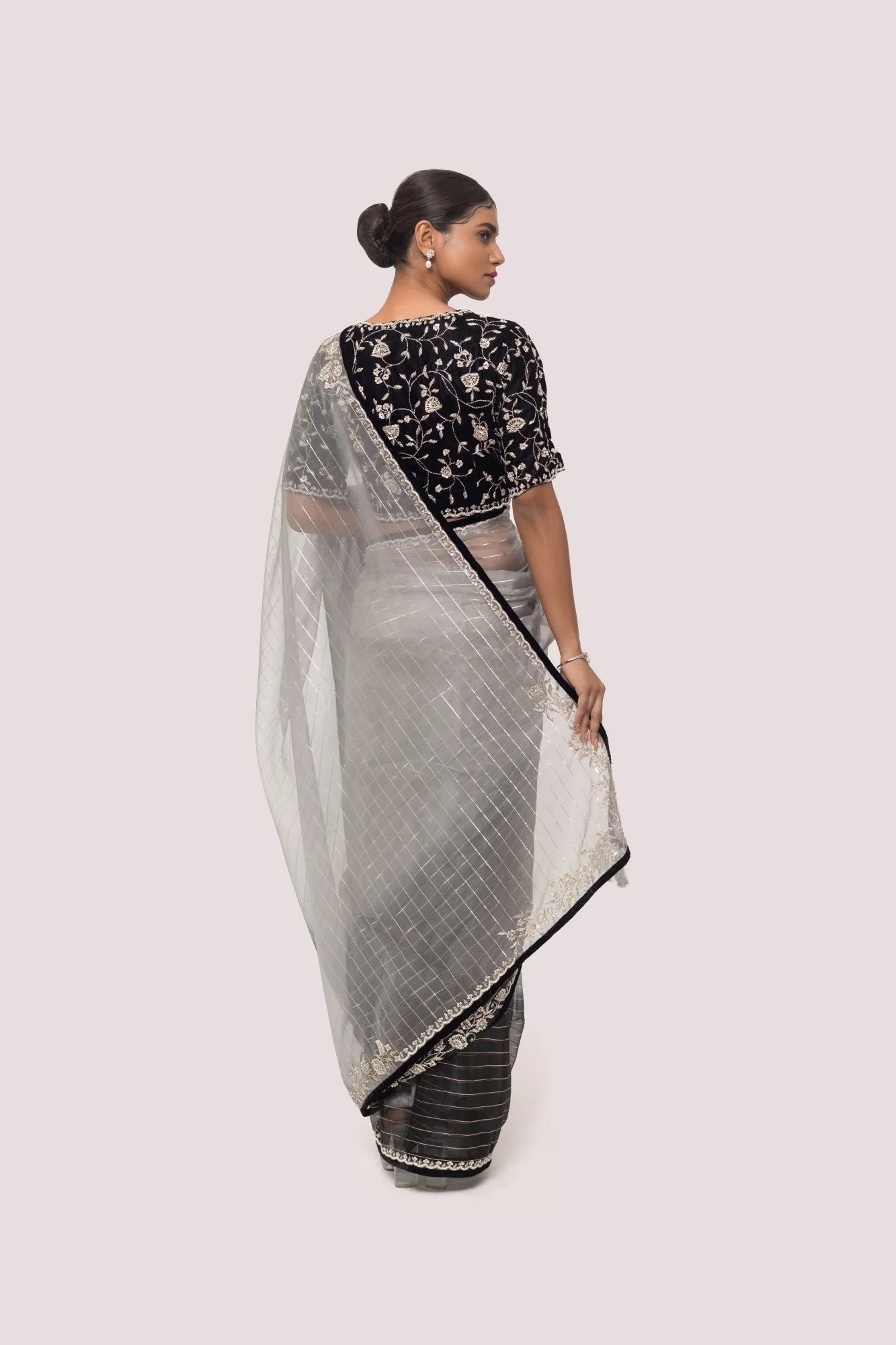 90Z974-RO Black & Grey Saree Set With Embroidered Blouse