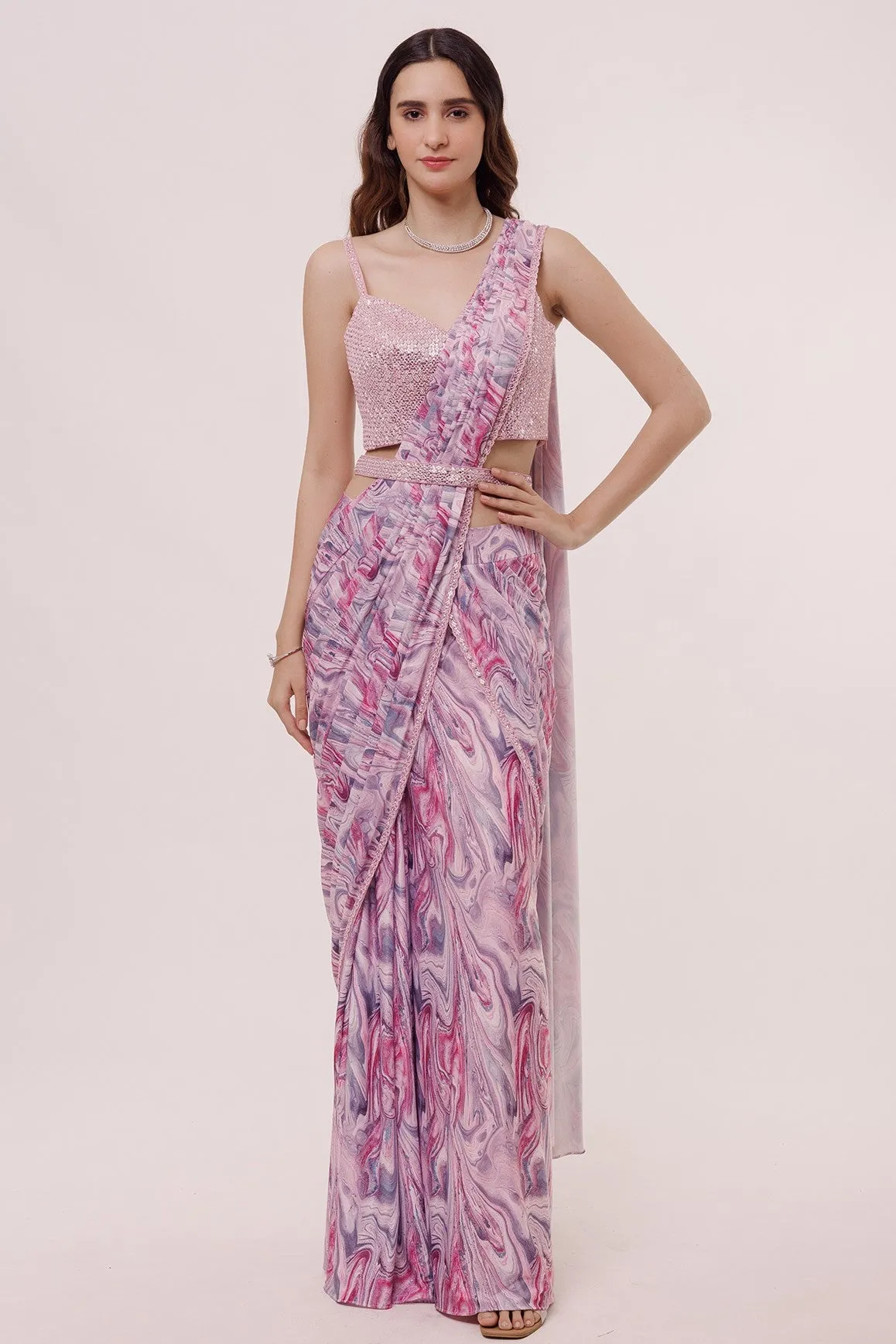 90Z977-RO Pink Saree With Multicolor Floral Print