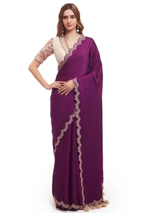 90Z990-RO Purple Organza Satin Saree with Embroidered Blouse