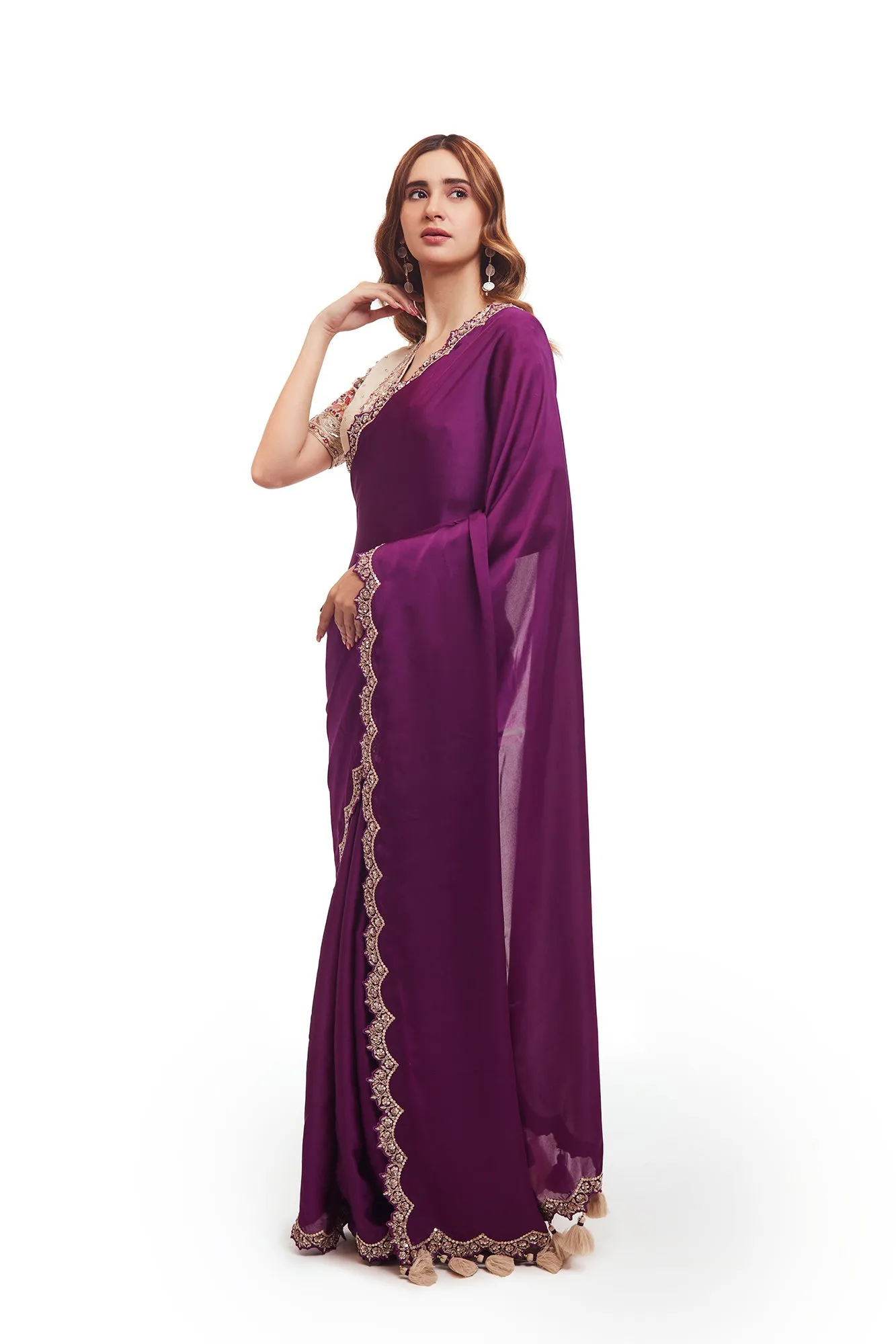 90Z990-RO Purple Organza Satin Saree with Embroidered Blouse