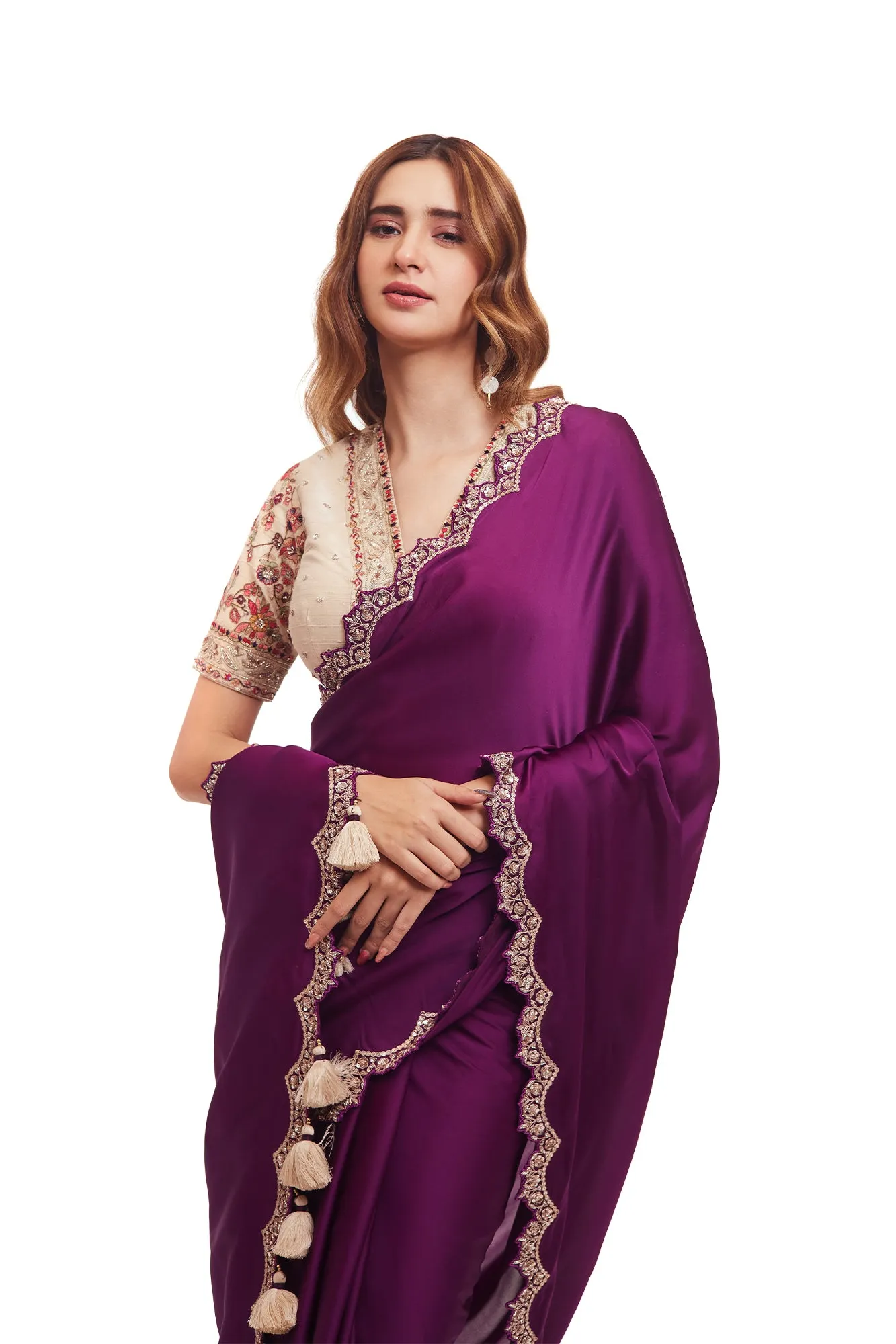 90Z990-RO Purple Organza Satin Saree with Embroidered Blouse