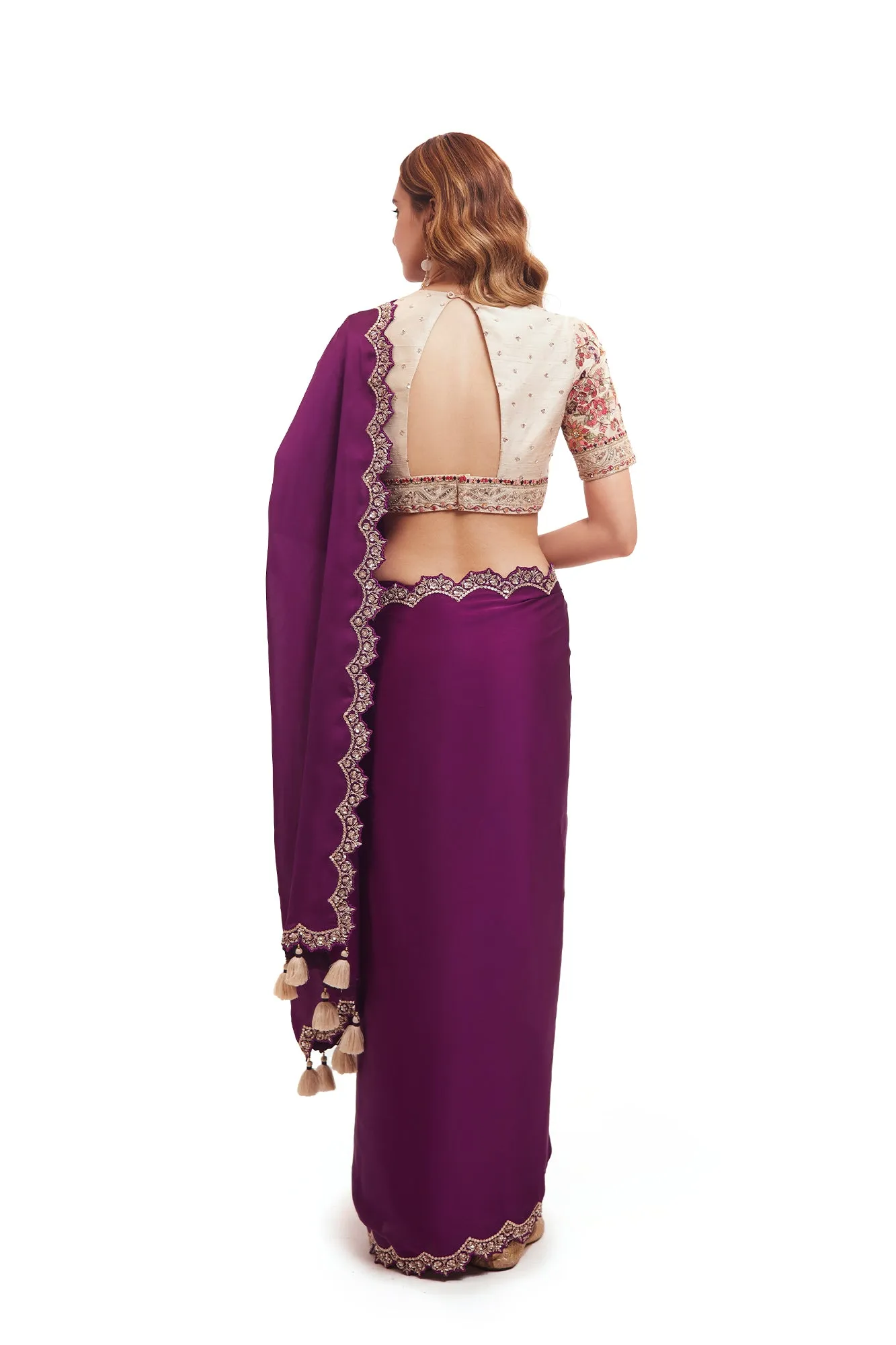 90Z990-RO Purple Organza Satin Saree with Embroidered Blouse