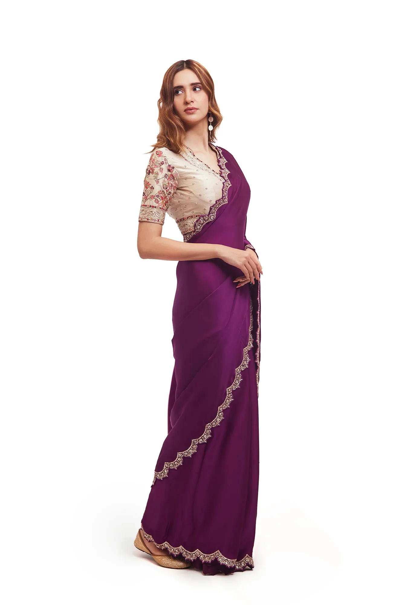 90Z990-RO Purple Organza Satin Saree with Embroidered Blouse