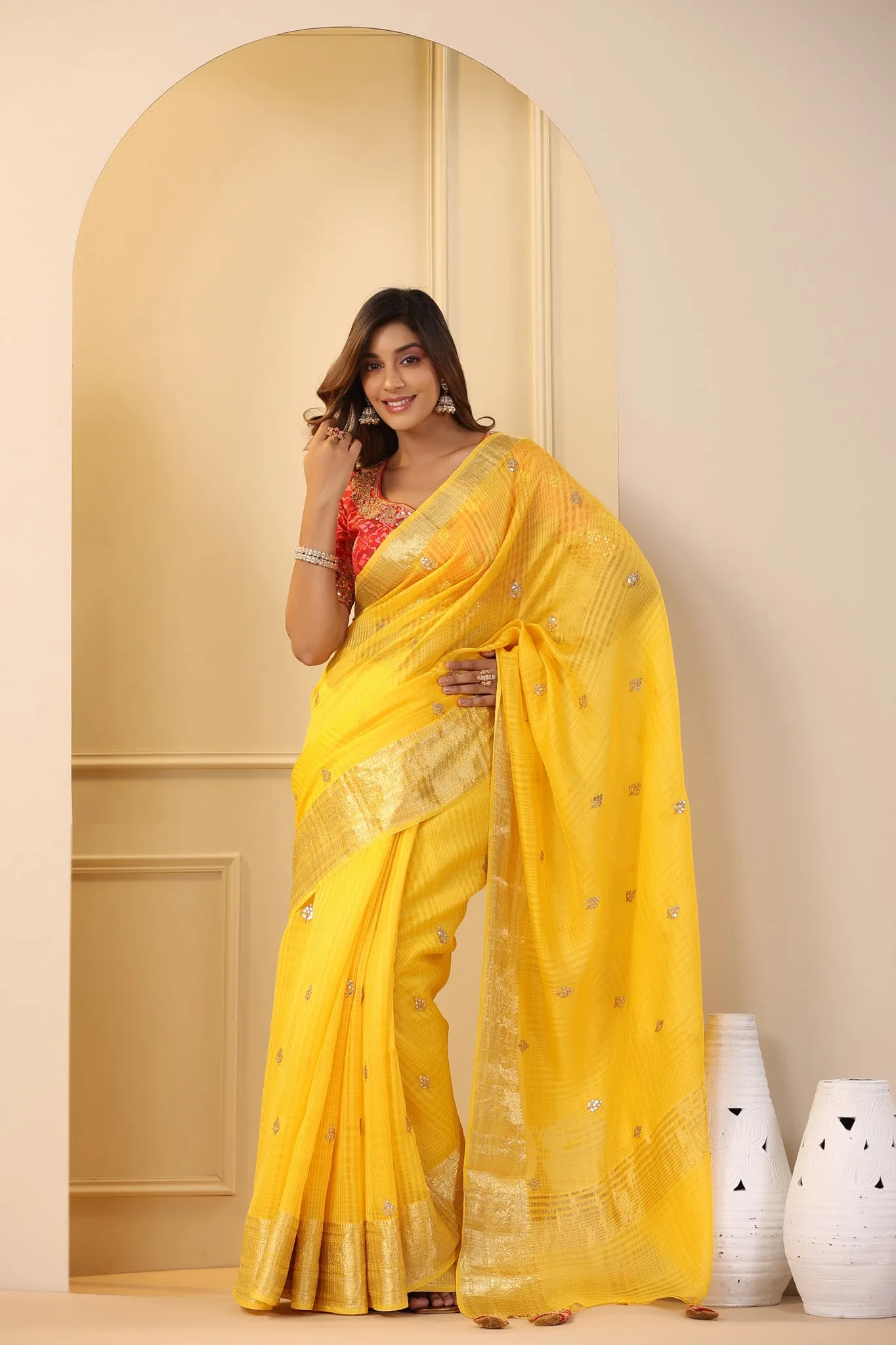 91Z171-NRO Yellow Silk Organza Sari with Red Embroidered Blouse