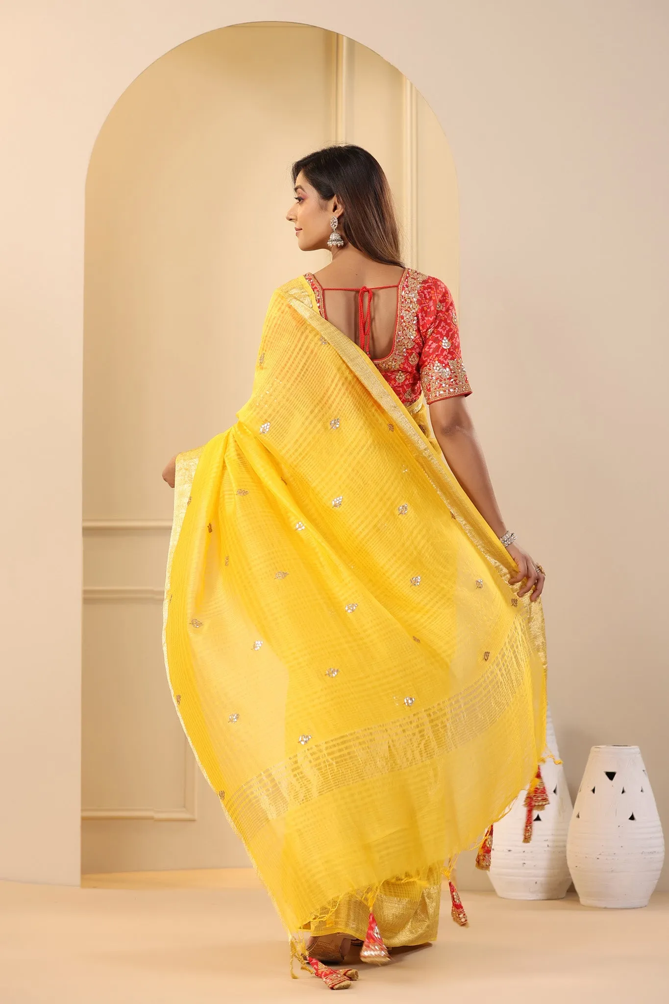 91Z171-NRO Yellow Silk Organza Sari with Red Embroidered Blouse