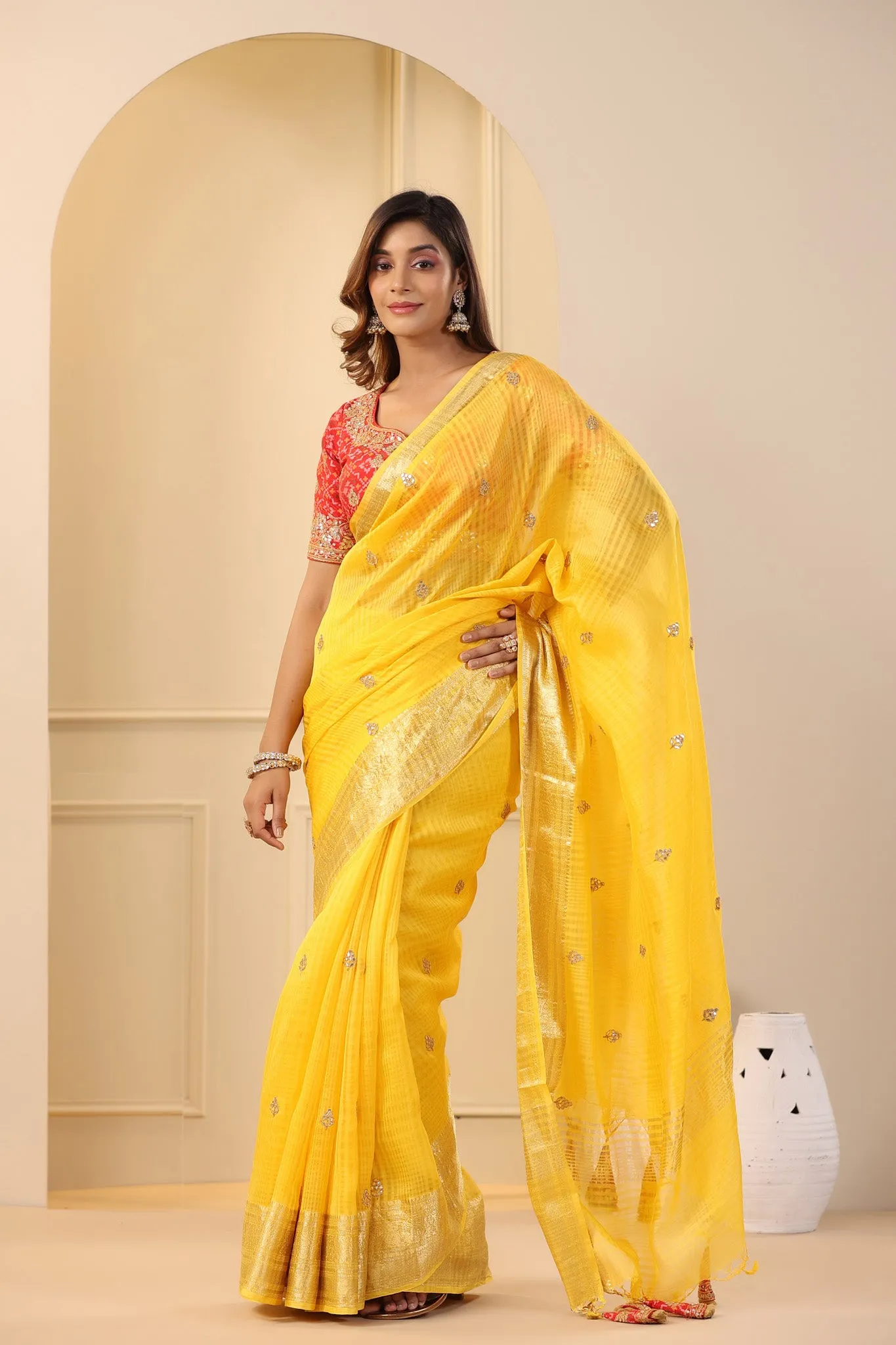 91Z171-NRO Yellow Silk Organza Sari with Red Embroidered Blouse