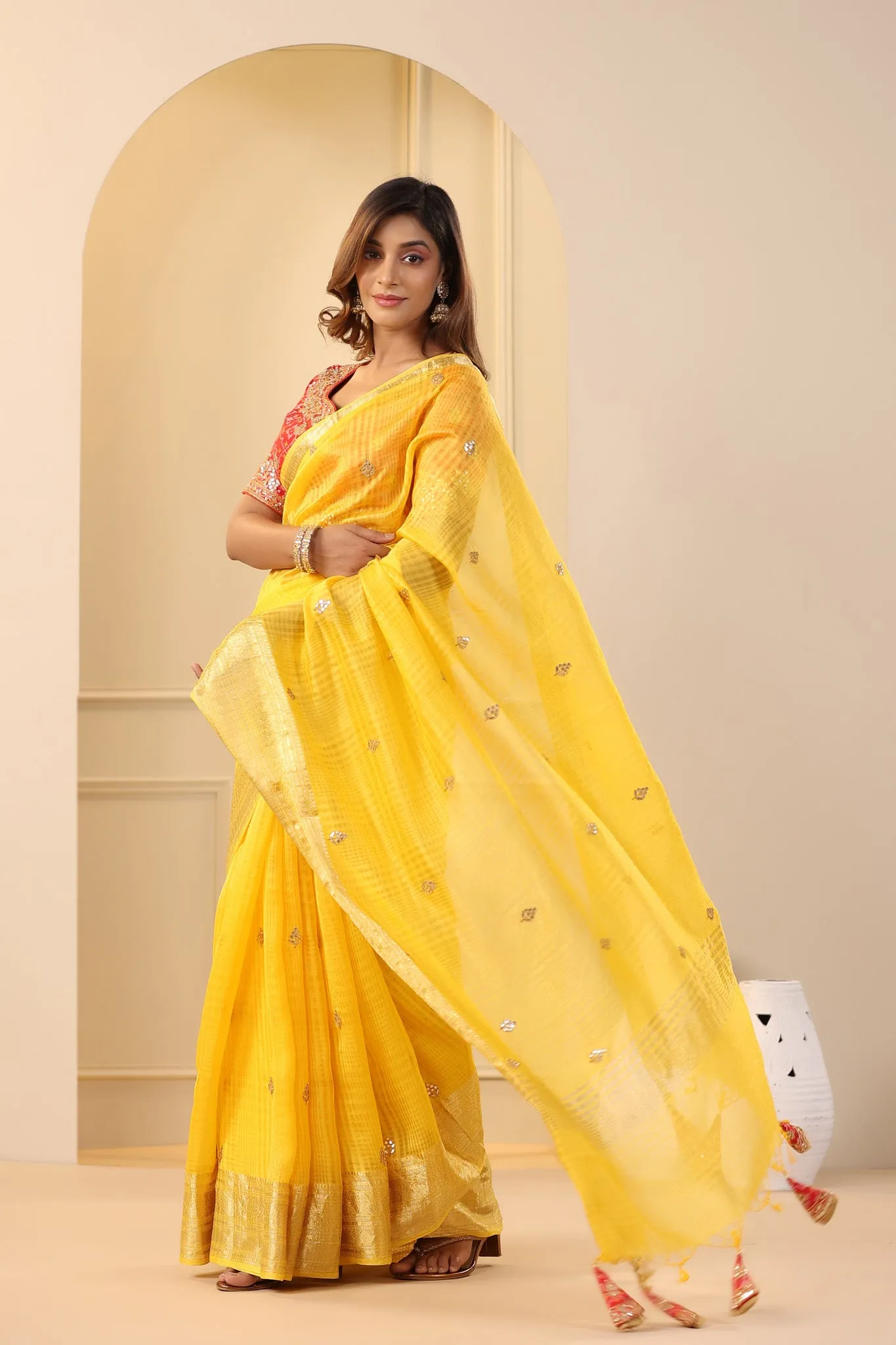 91Z171-NRO Yellow Silk Organza Sari with Red Embroidered Blouse