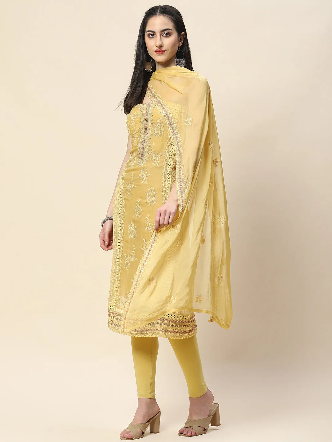 All Over Embroidery Chiffon Unstitched Suit Piece With Dupatta