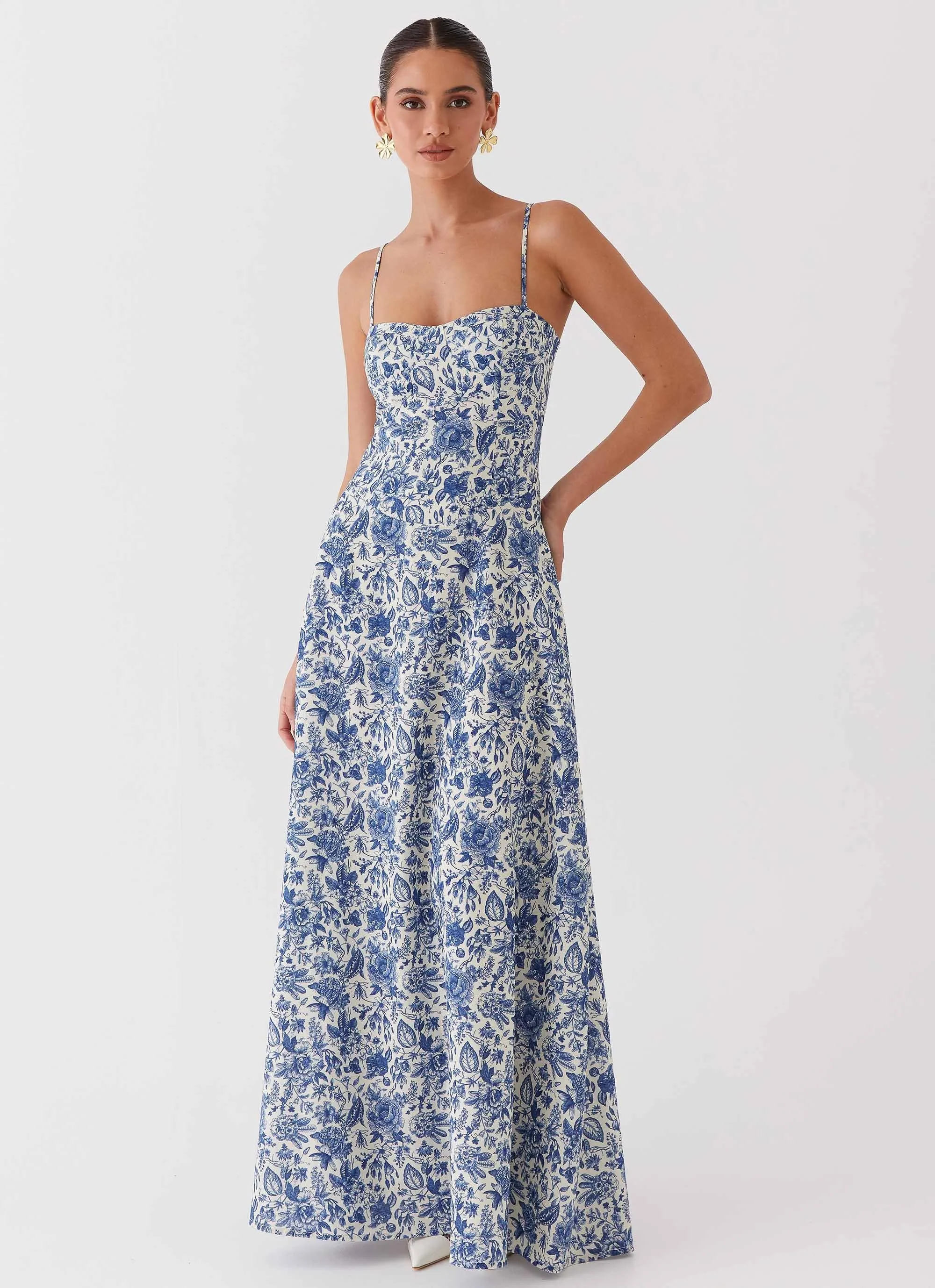 Angelina Linen Maxi Dress - Blue Paisley