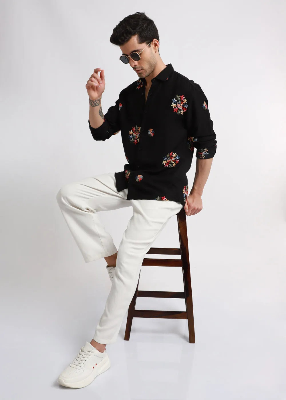 Black Floral Embroidered Shirt