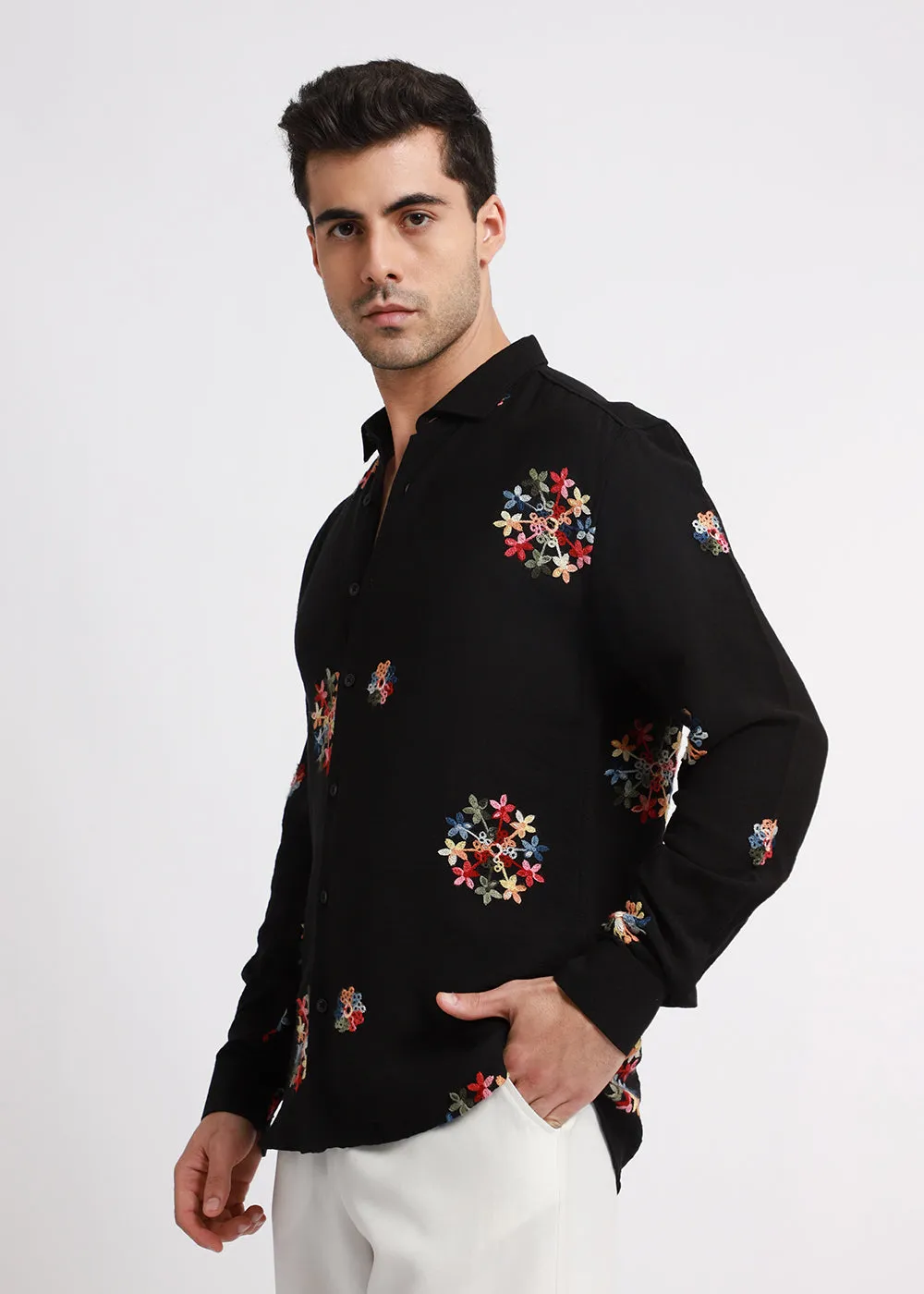 Black Floral Embroidered Shirt