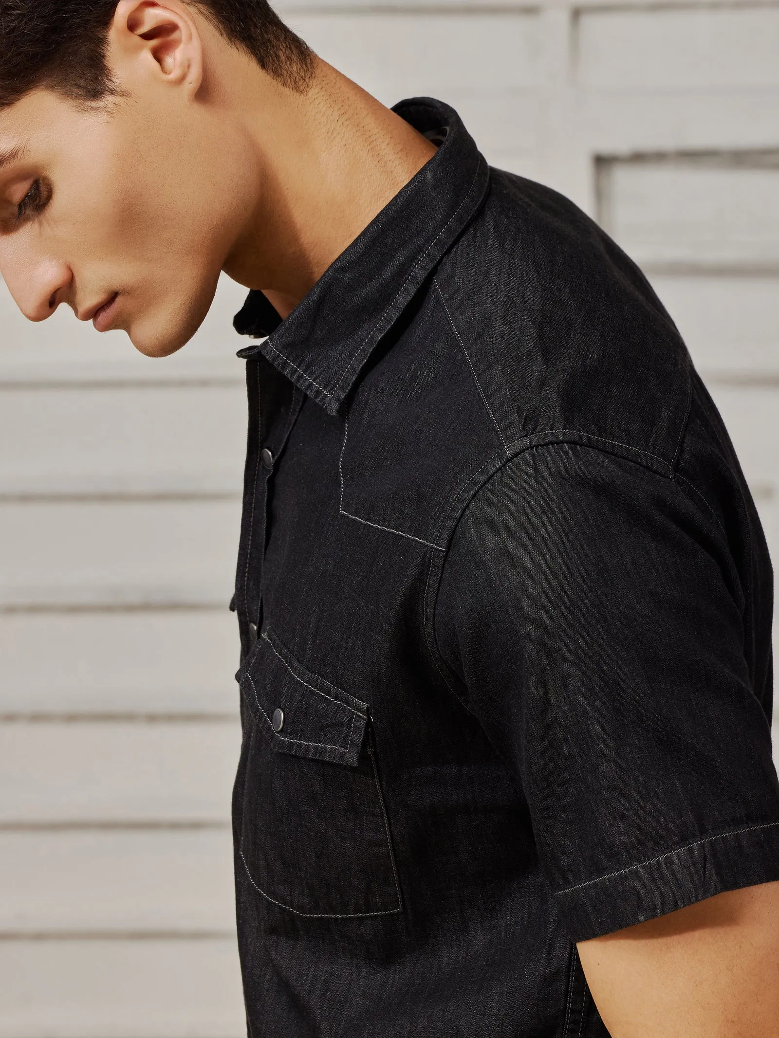 Black Silky Denim Cargo Shirt