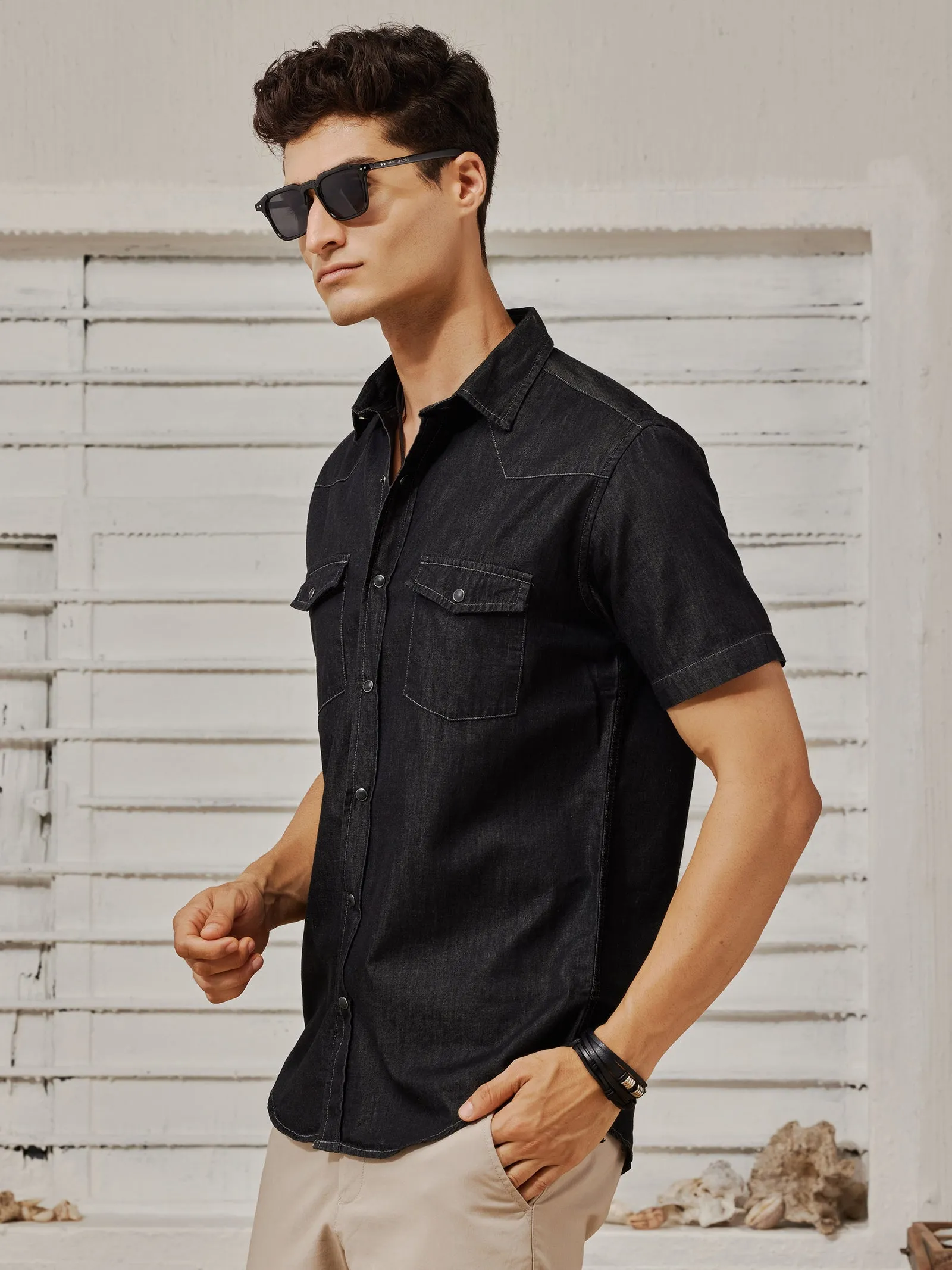 Black Silky Denim Cargo Shirt