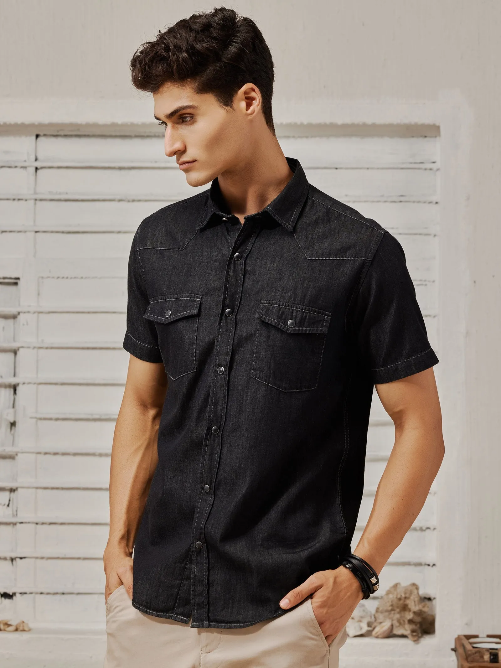 Black Silky Denim Cargo Shirt