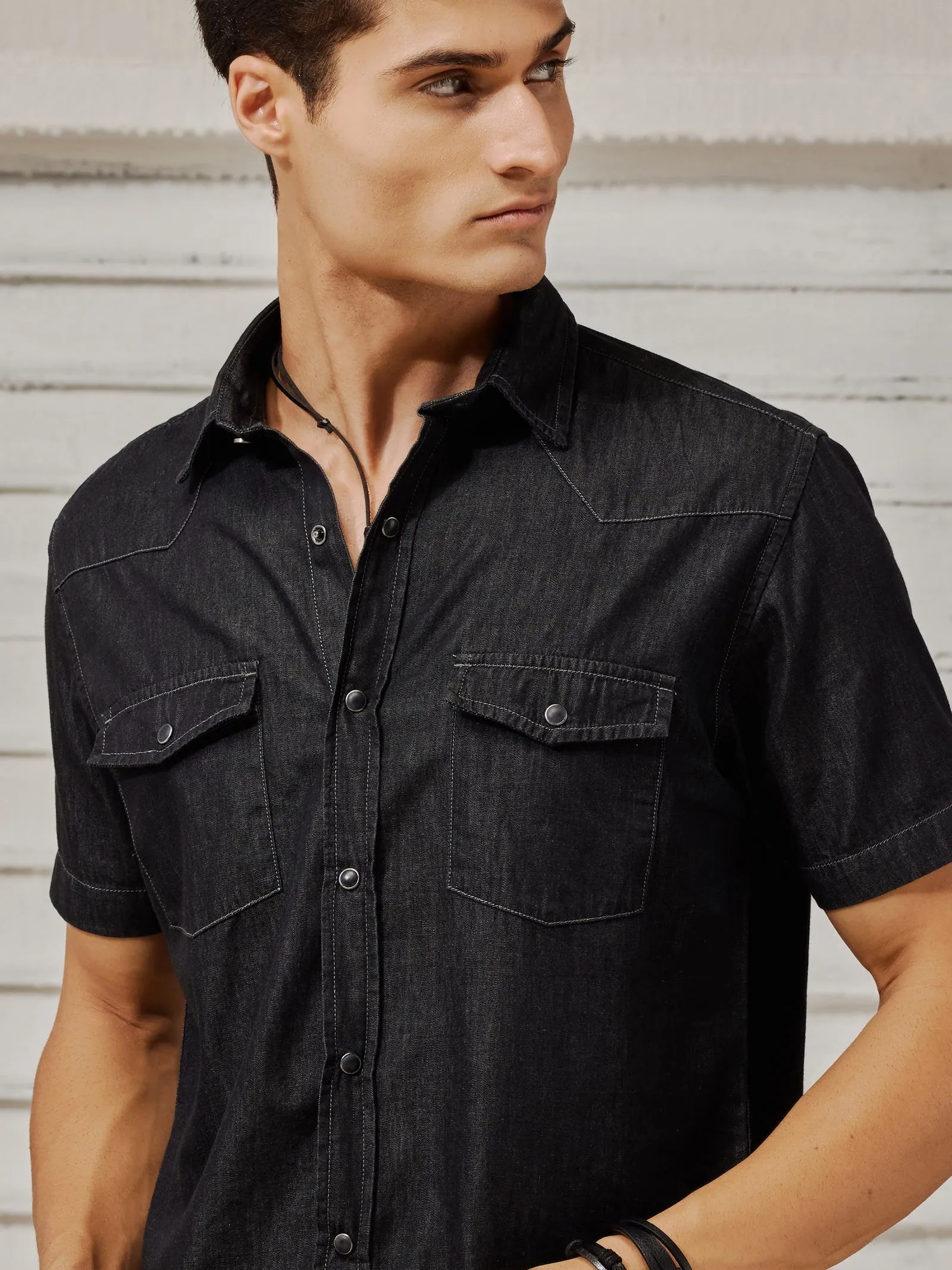 Black Silky Denim Cargo Shirt