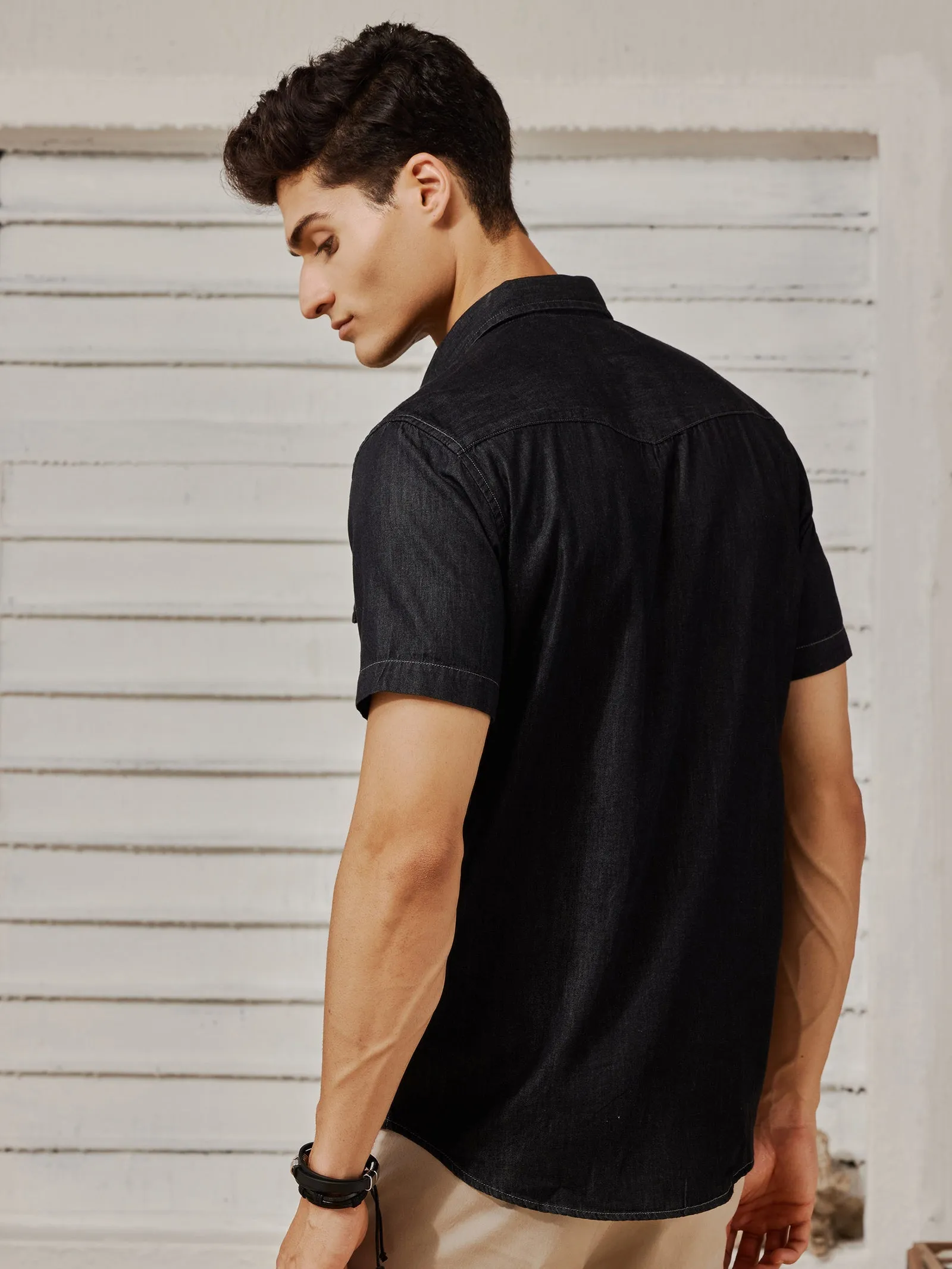 Black Silky Denim Cargo Shirt