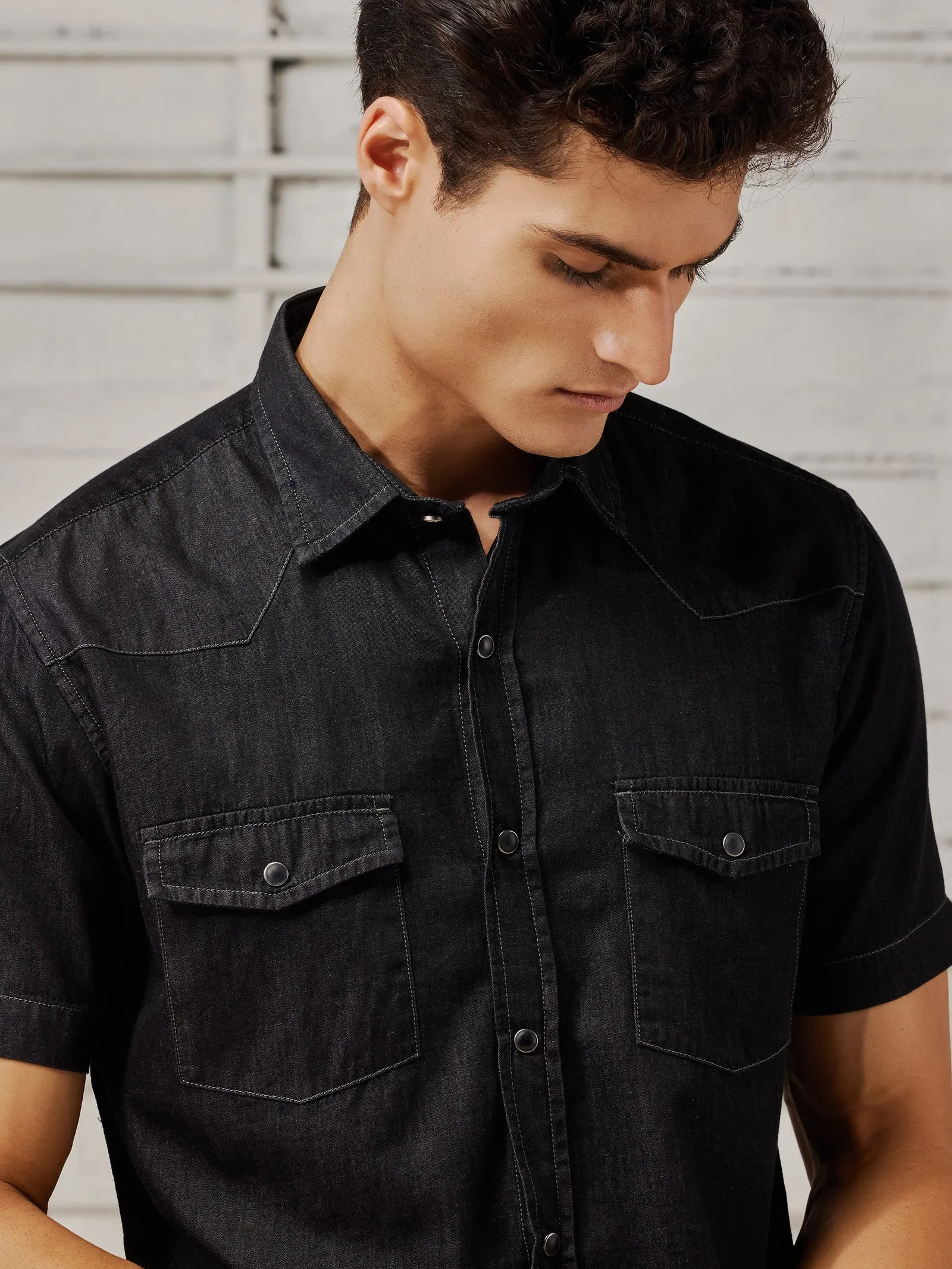 Black Silky Denim Cargo Shirt