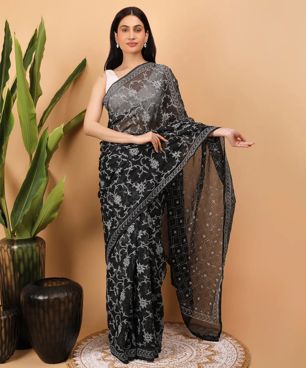 Black white handloom chikankari cotton saree