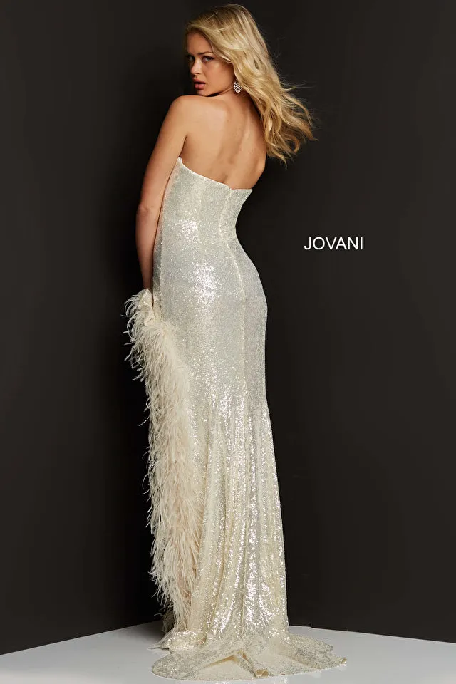 Brandy | Plunging Neck Fitted Sequin Feather Gown | Jovani 07068