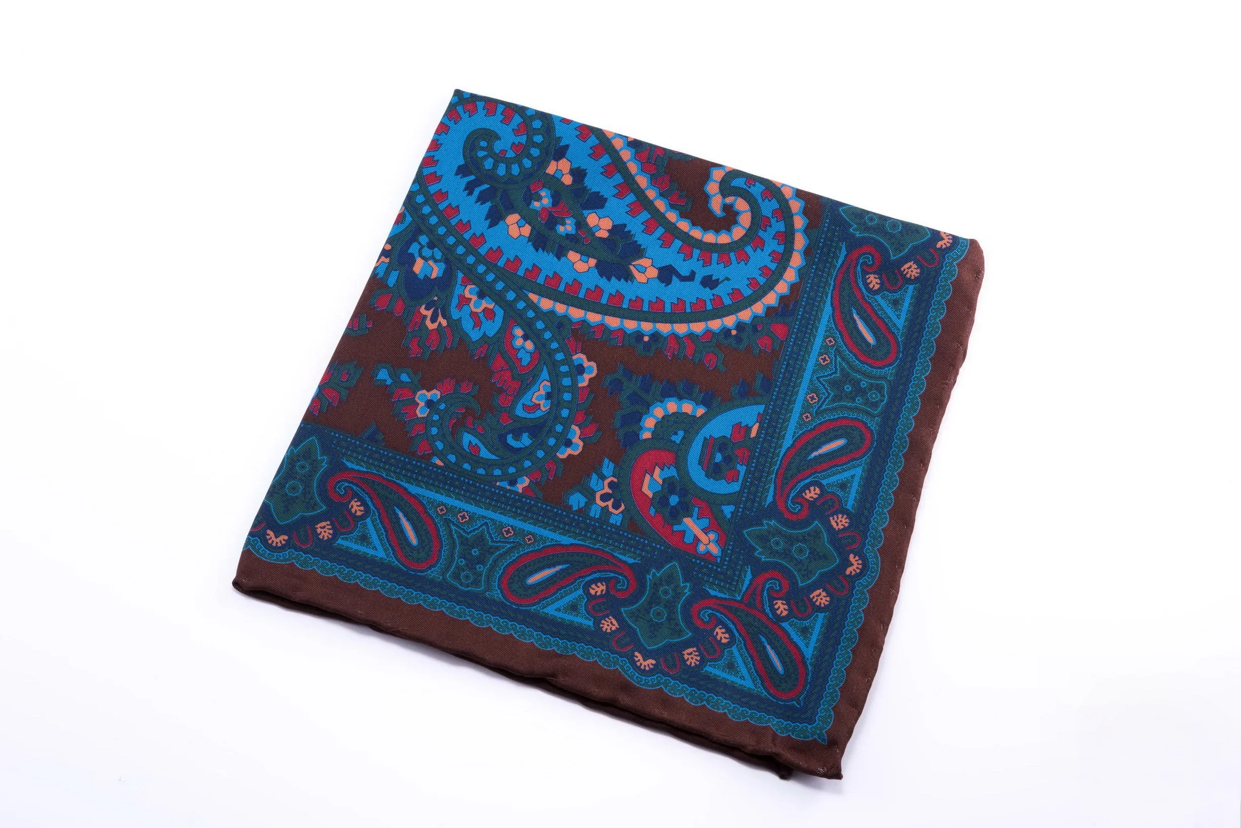 Brown & Turquoise Paisley Madder Silk Pocket Square