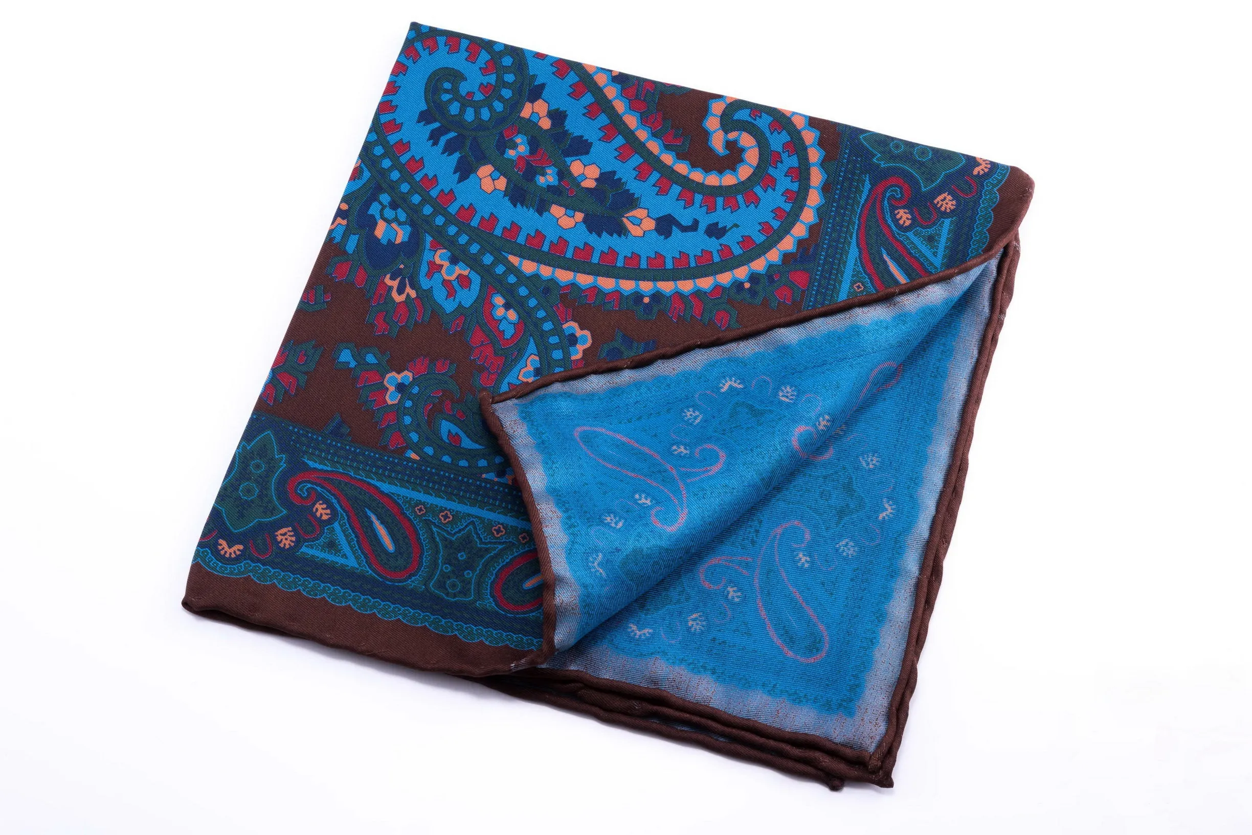 Brown & Turquoise Paisley Madder Silk Pocket Square