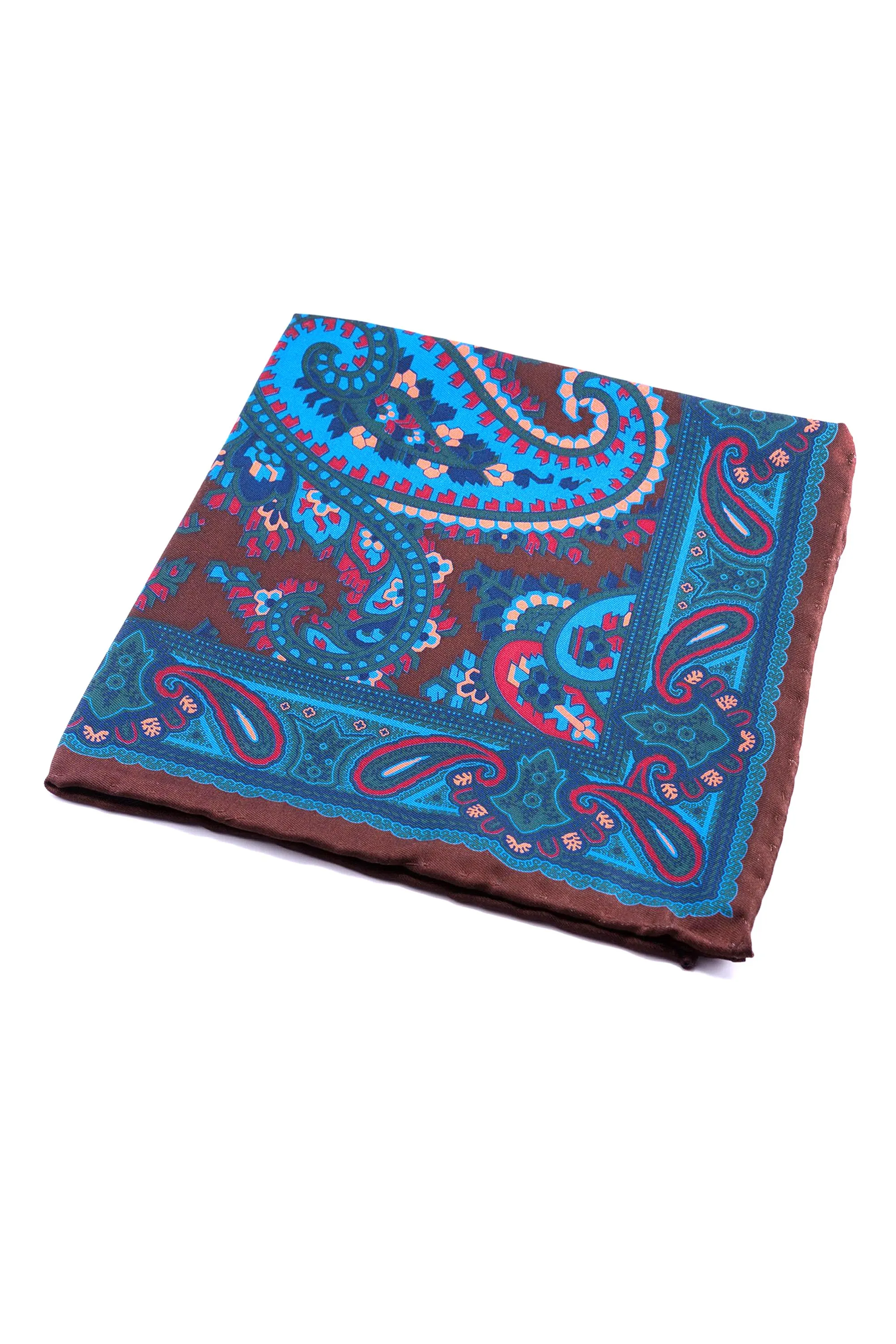 Brown & Turquoise Paisley Madder Silk Pocket Square