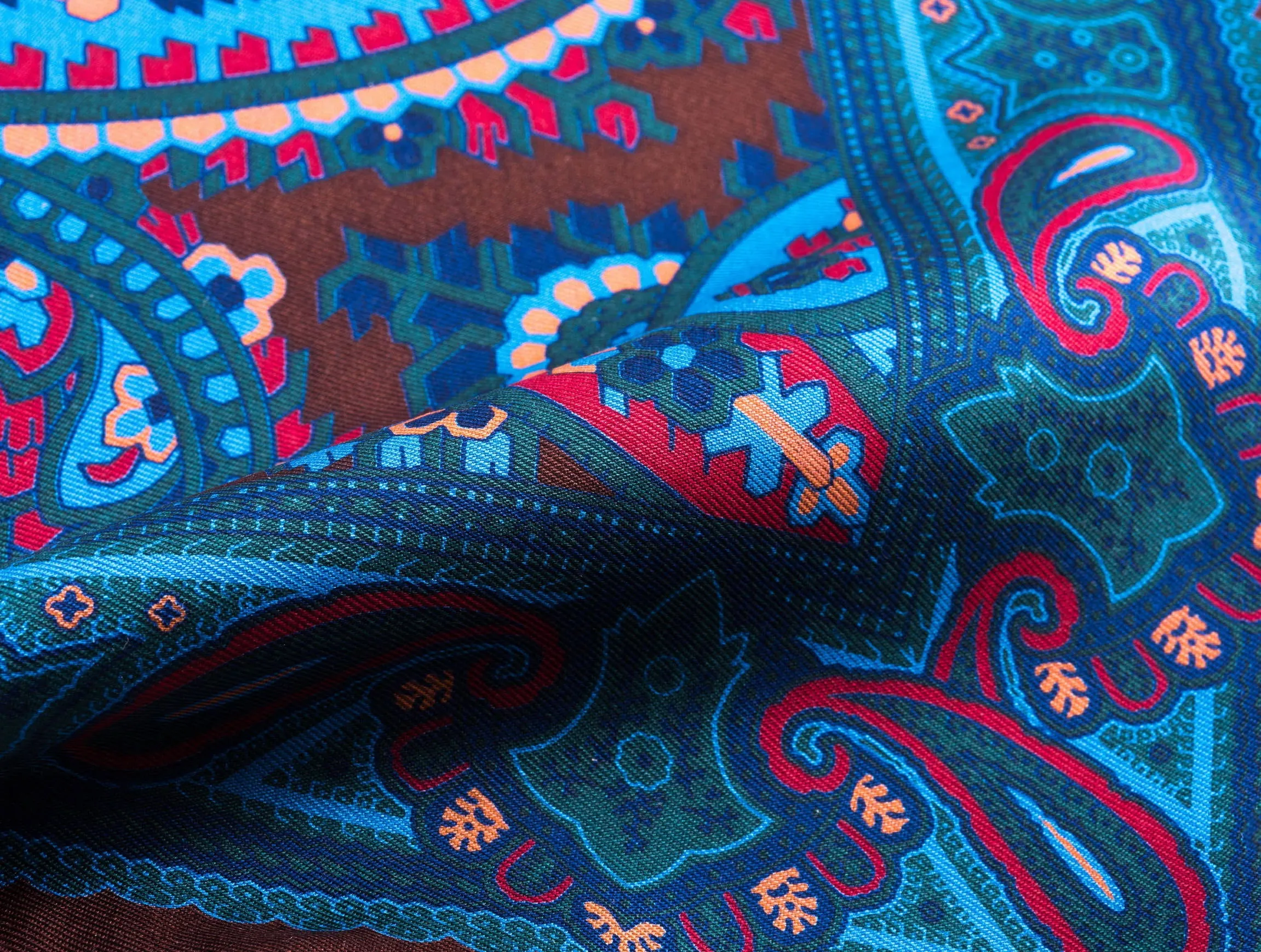 Brown & Turquoise Paisley Madder Silk Pocket Square