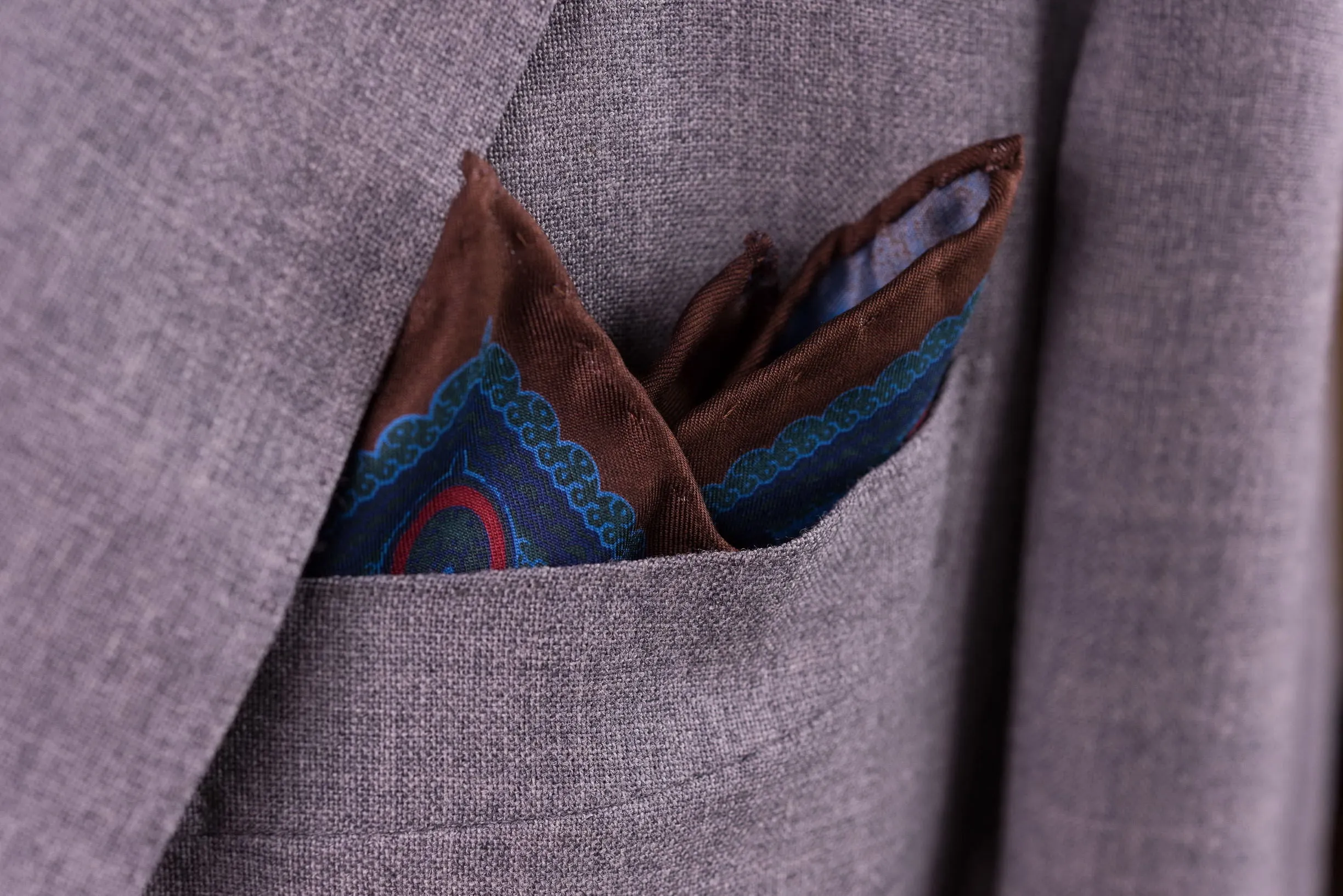 Brown & Turquoise Paisley Madder Silk Pocket Square