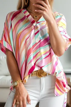 Chic Color Block V-Neck Half Sleeve Blouse for Women: Trendy Style Statement with Vibrant Hues! Elevate Your Wardrobe Today.