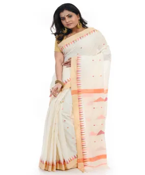 Cream cotton handwoven shantipuri saree