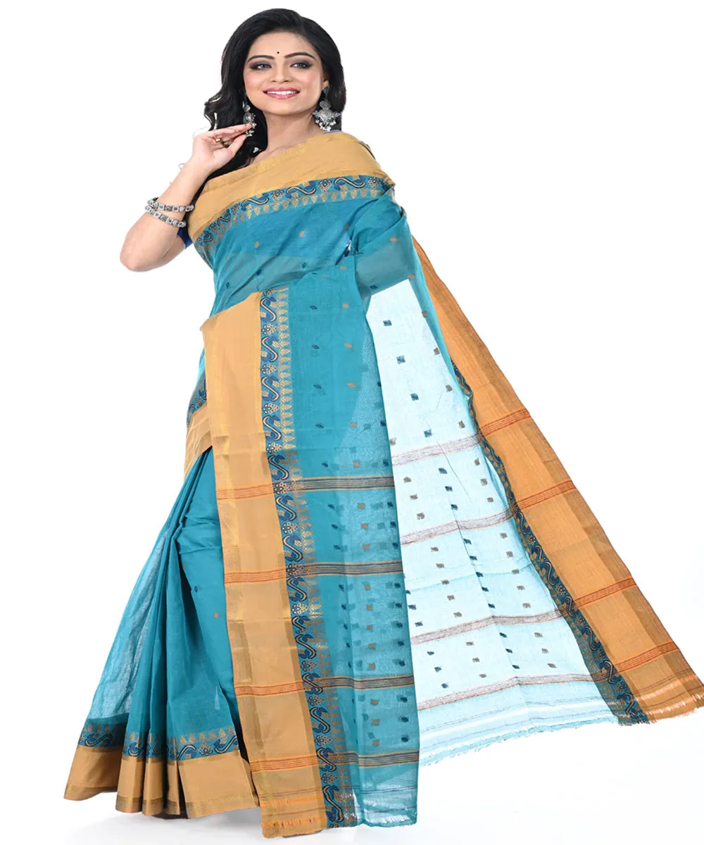 Cyan blue brown handwoven cotton tangail saree