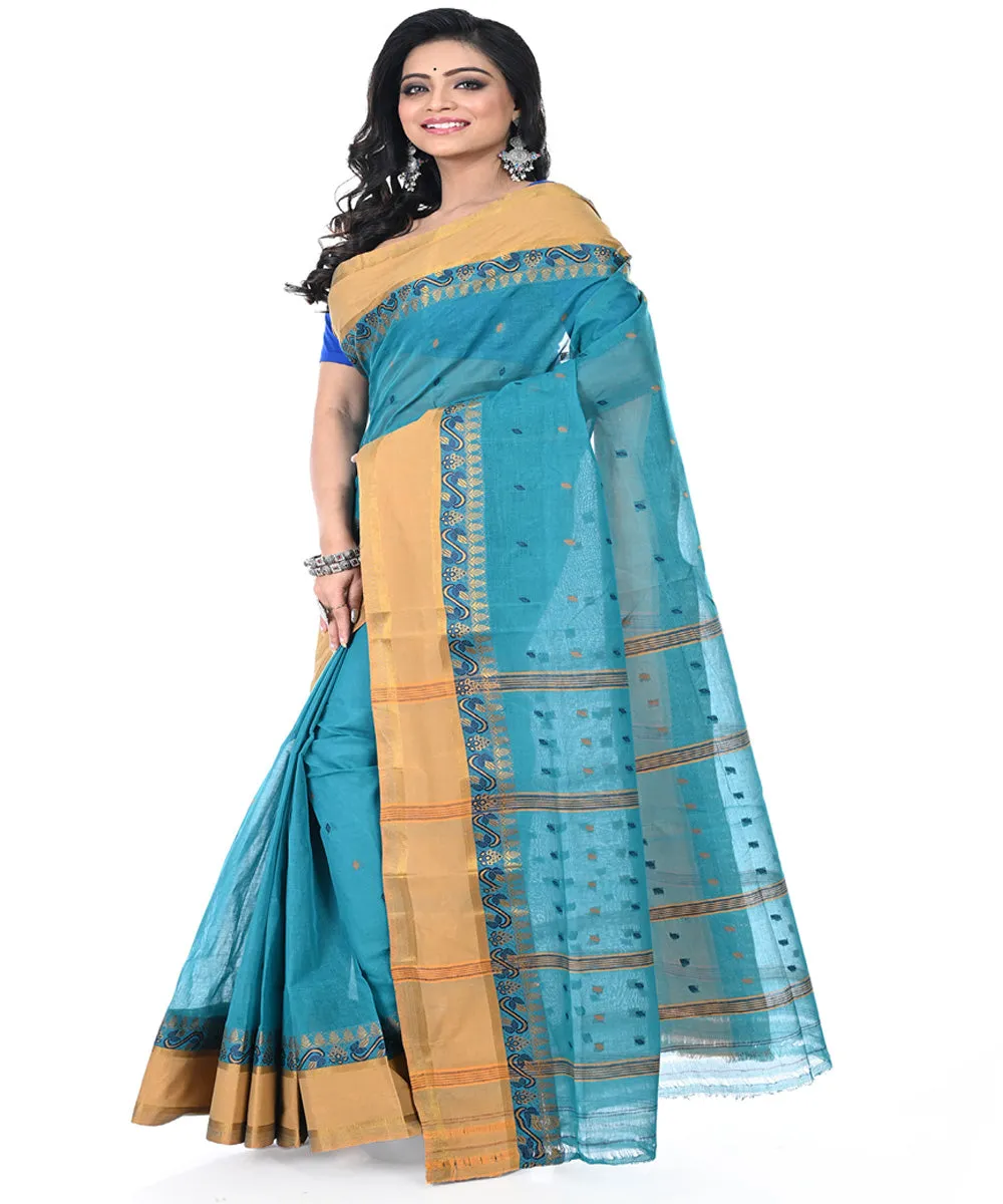 Cyan blue brown handwoven cotton tangail saree