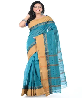 Cyan blue brown handwoven cotton tangail saree