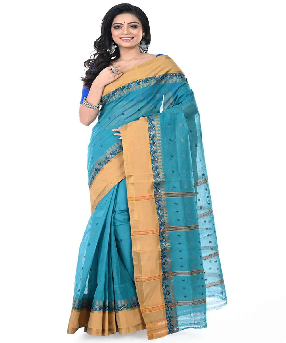 Cyan blue brown handwoven cotton tangail saree