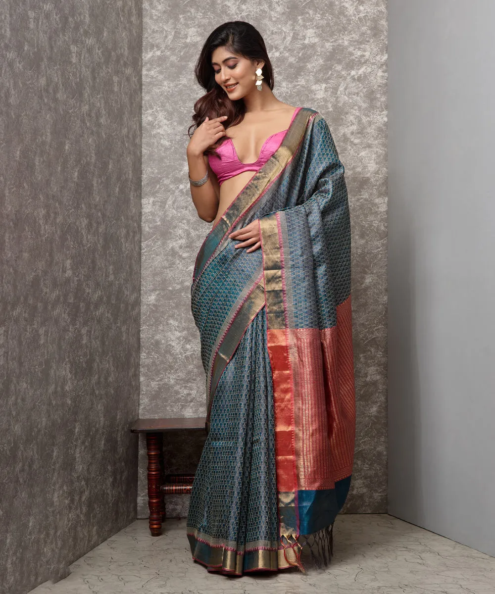 Cyan blue peach handwoven chhatisgarh tussar silk saree