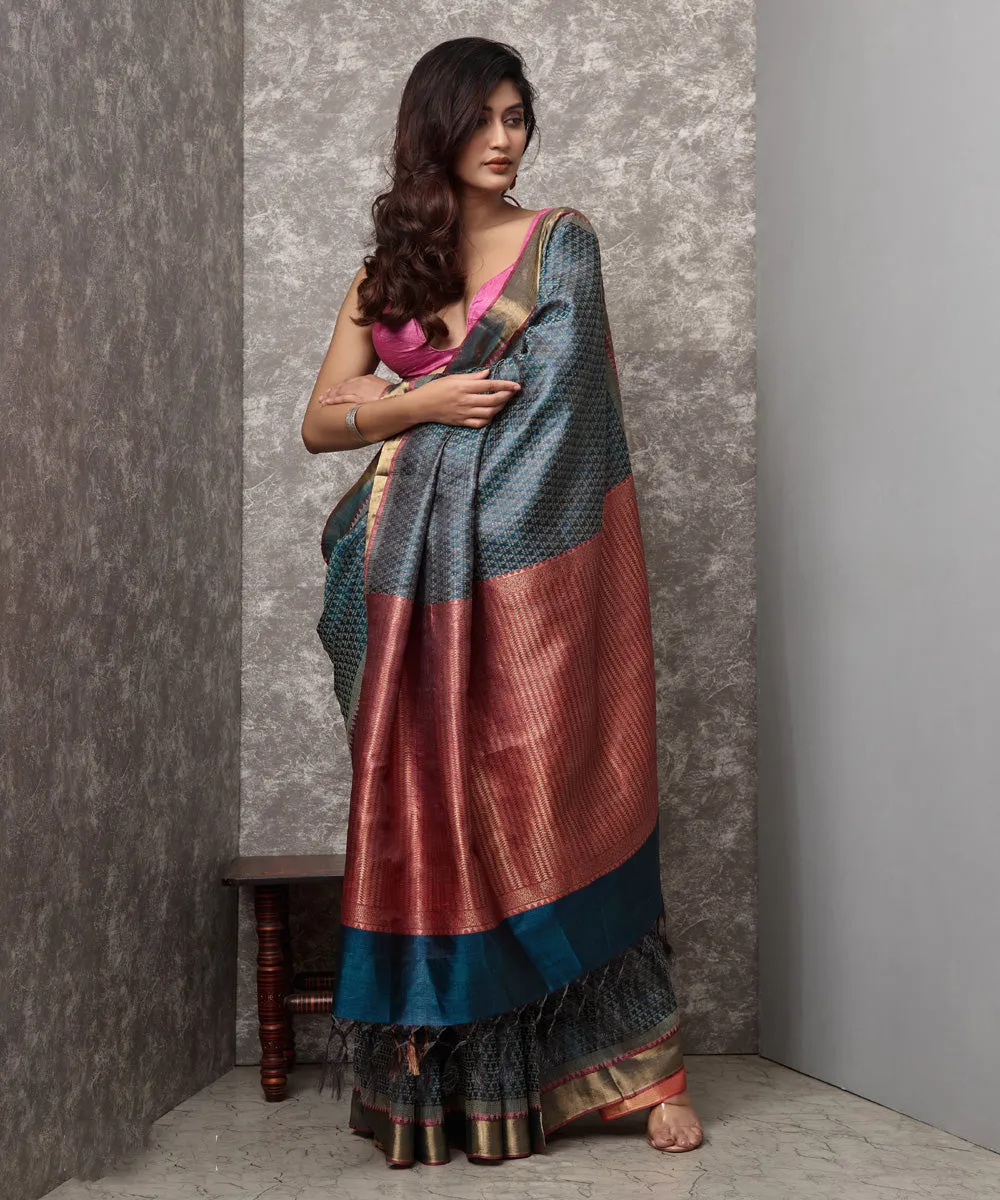 Cyan blue peach handwoven chhatisgarh tussar silk saree