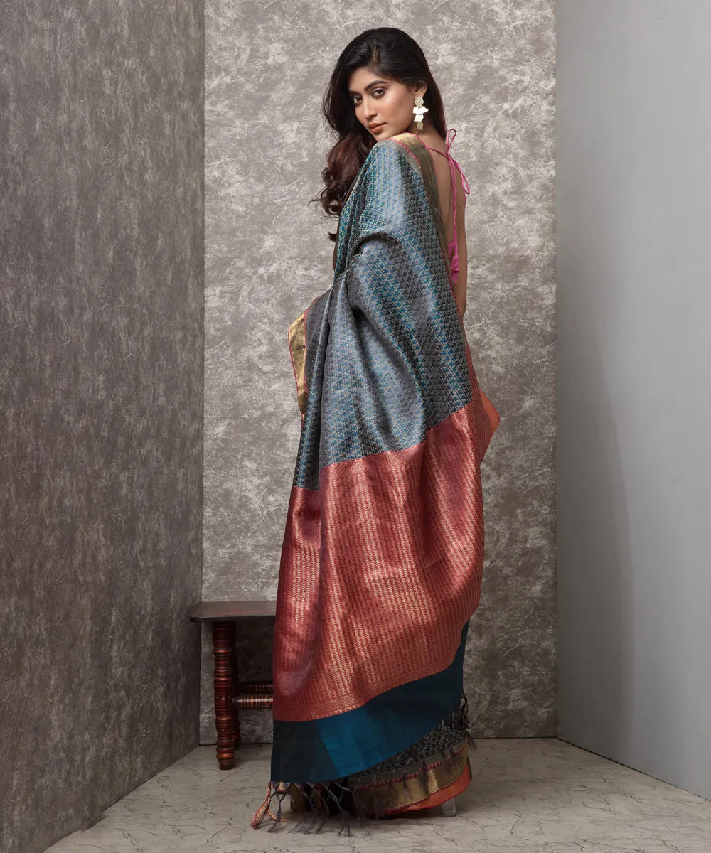 Cyan blue peach handwoven chhatisgarh tussar silk saree