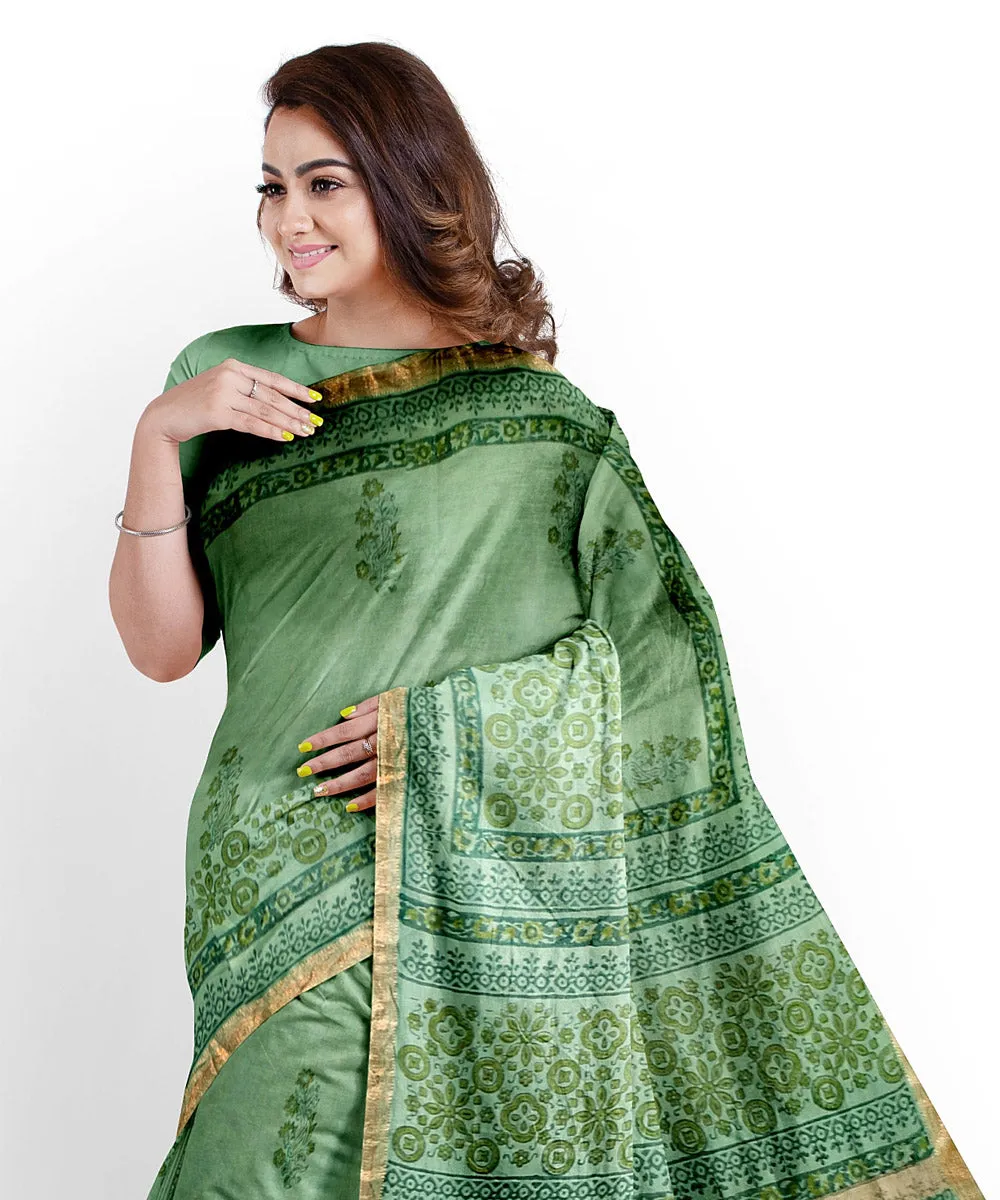 Cyan green cotton silk hand printed maheshwari saree