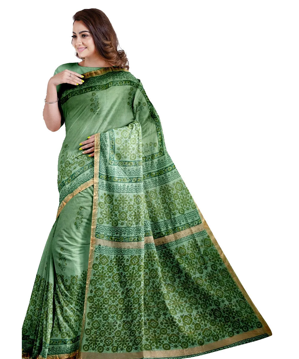 Cyan green cotton silk hand printed maheshwari saree