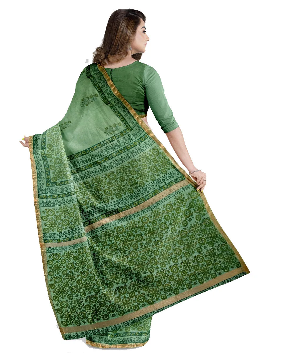 Cyan green cotton silk hand printed maheshwari saree