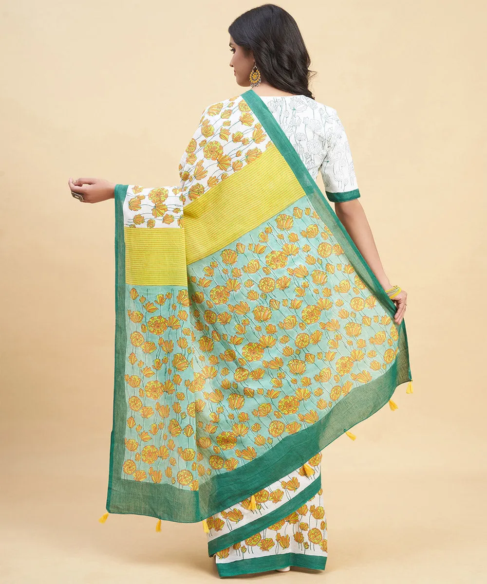 Dark green mustard cotton hand block sanganeri printed saree