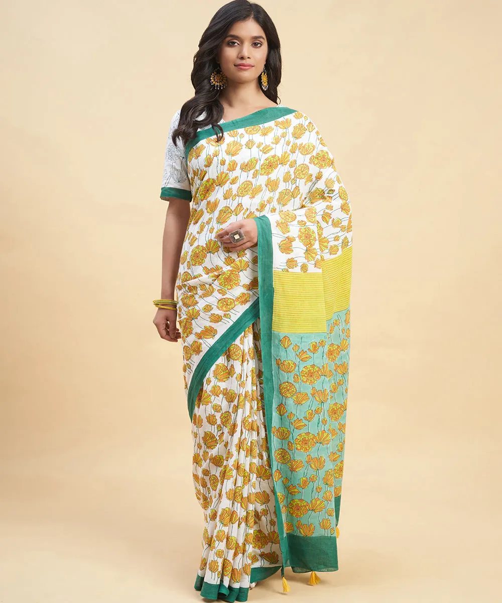 Dark green mustard cotton hand block sanganeri printed saree