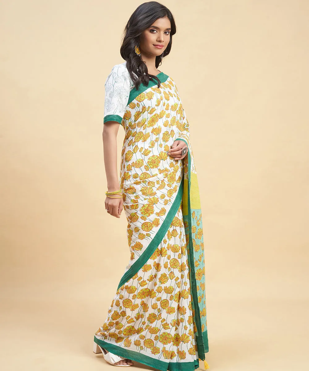 Dark green mustard cotton hand block sanganeri printed saree