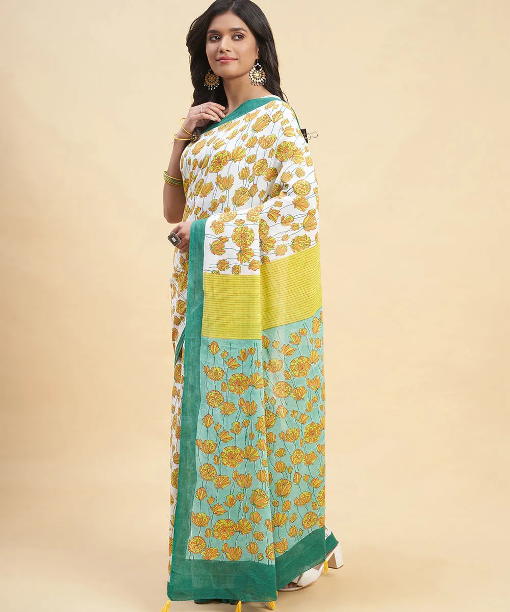 Dark green mustard cotton hand block sanganeri printed saree