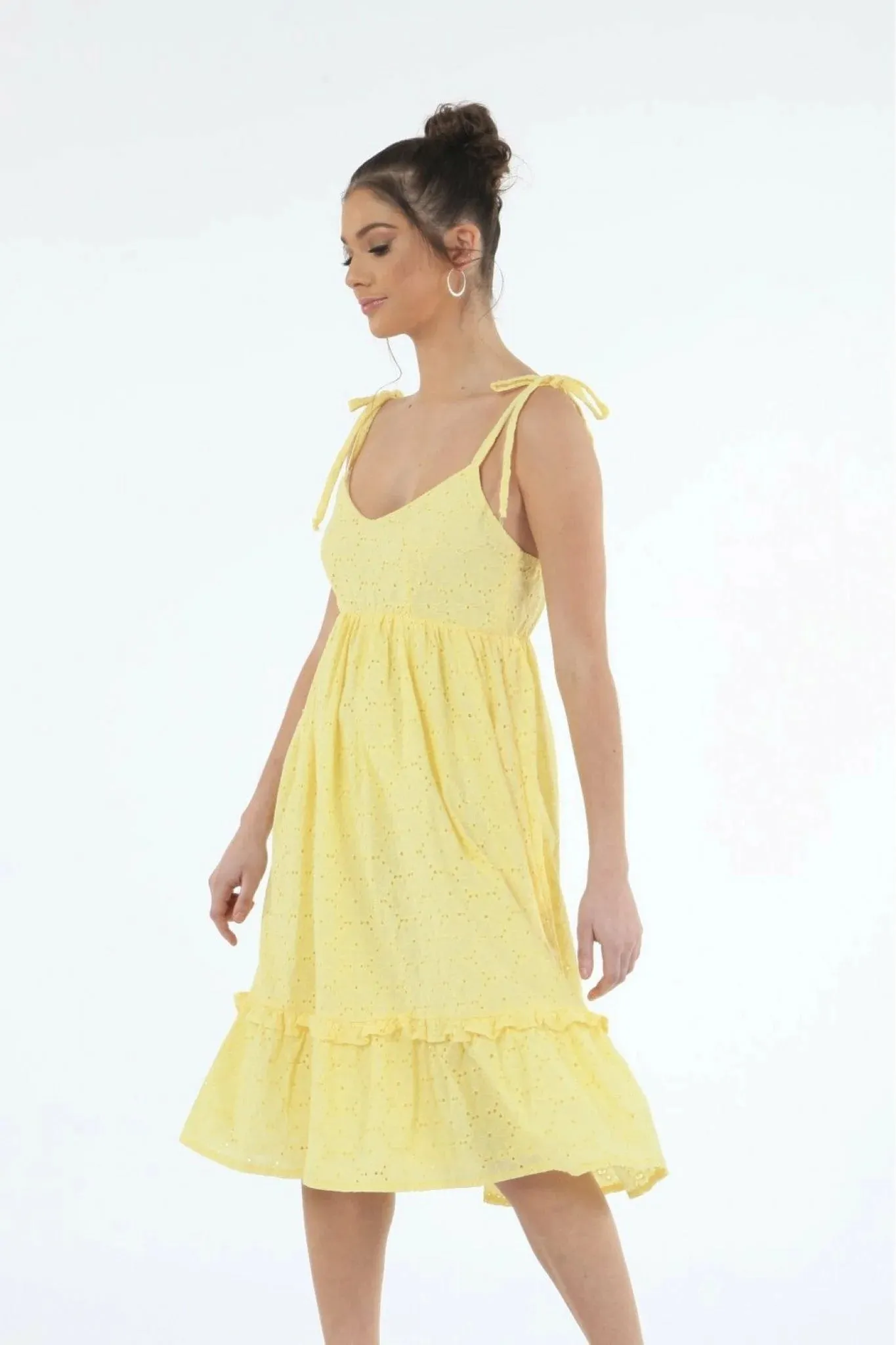 Double Second Yellow Tie Strap Broiderie Dress