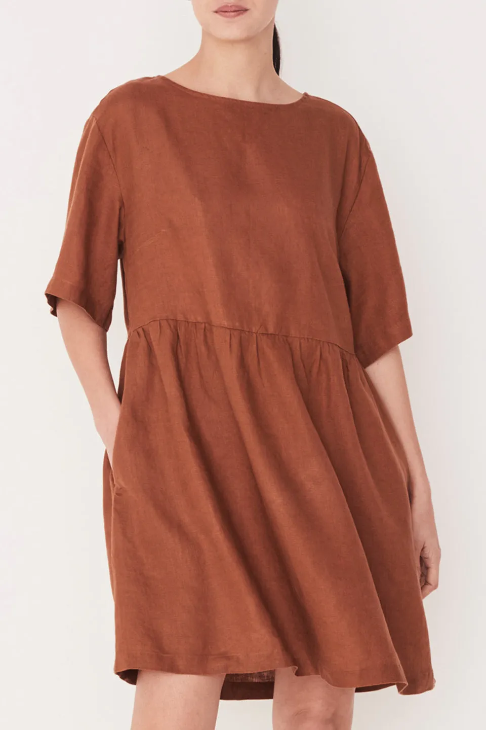 Drawn Drop Waist Terracotta Linen SS Dress