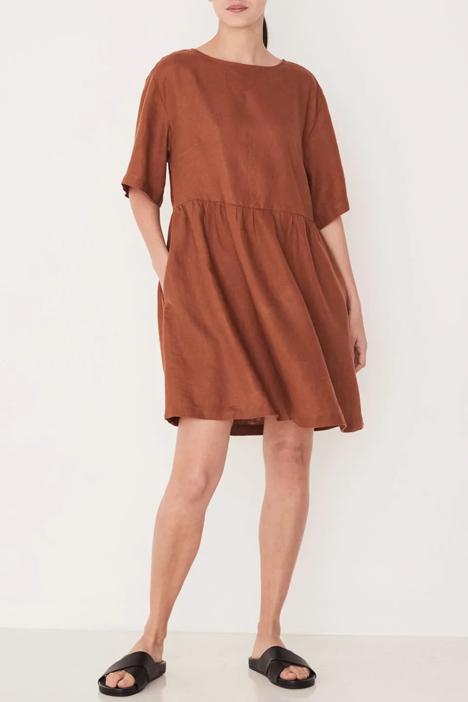 Drawn Drop Waist Terracotta Linen SS Dress