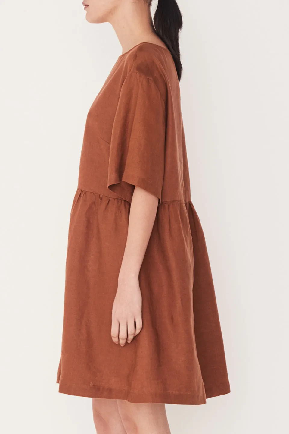 Drawn Drop Waist Terracotta Linen SS Dress